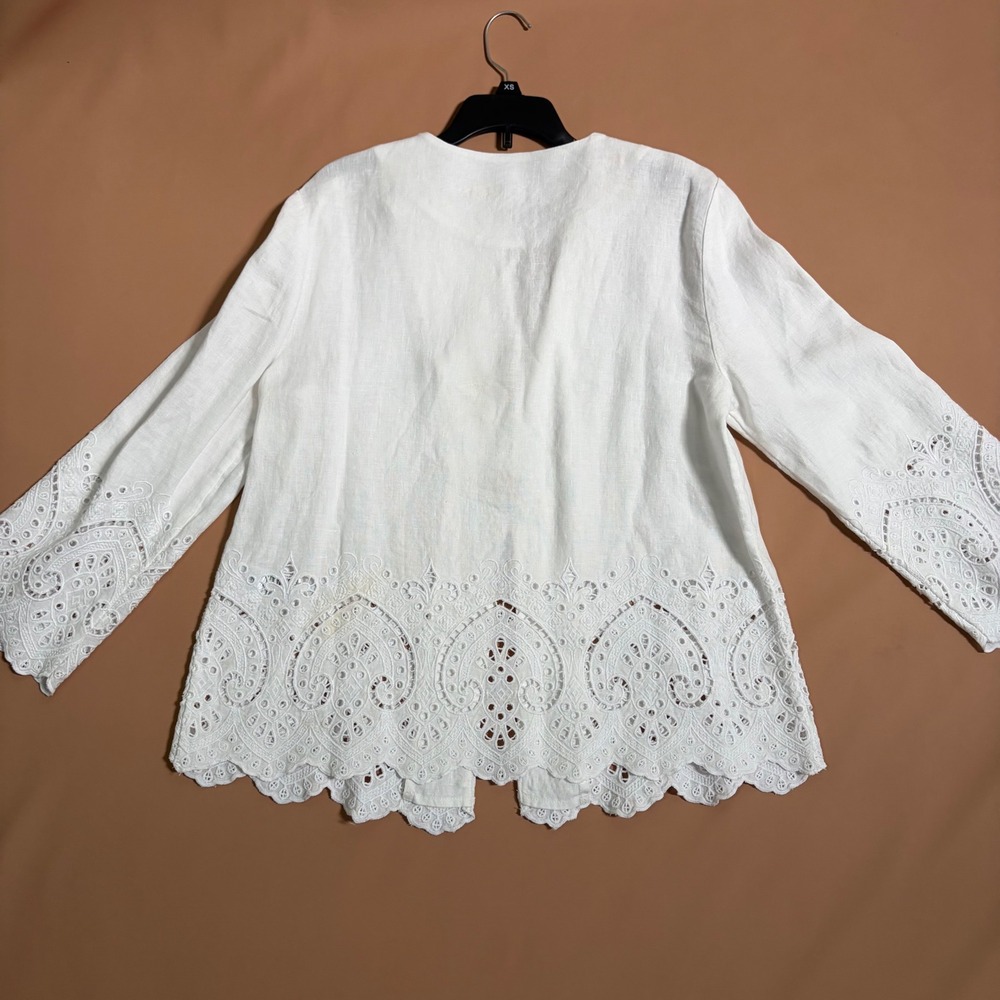 Chicos White 100% Linen 2 Piece Eyelet Embroidery Pant Set Jacket Size 0 S 4 6 - Picture 15 of 15